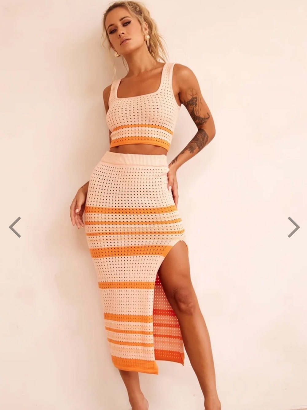 Sleeveless Peach/Orange Striped Knit Two Piece Maxi Set - Please refer to sizing